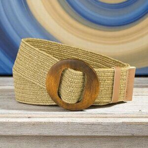 🆕 Rustic Boho Chic Wide Stretch Belt W/ Wood Buckle | Woven Straw Elastic 🌾